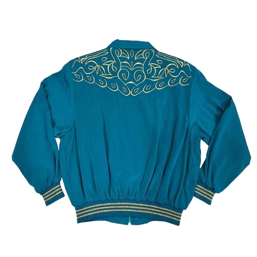 Mighty~VTG 80s Women's Bomber Jacket~Bold Teal Blue~Embroidered Gold~Eclectic - Picture 3 of 6